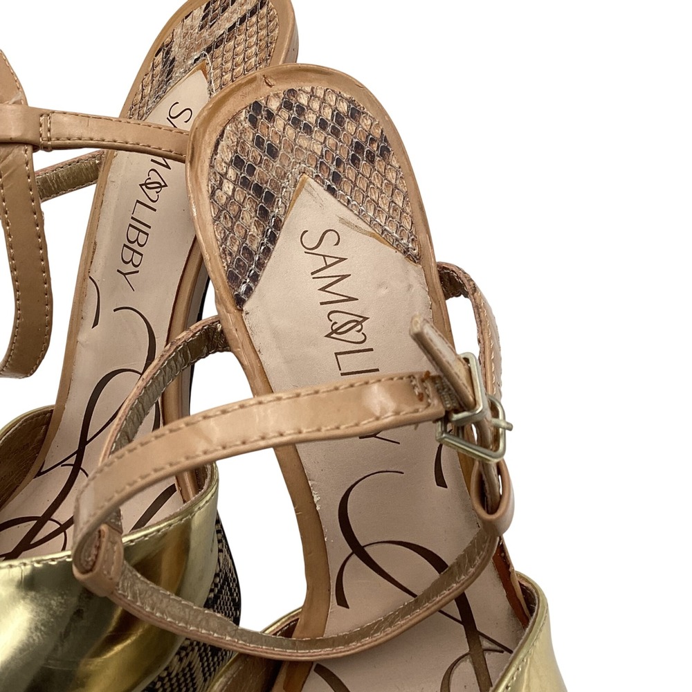 Sam & Libby Gold Metallic Snakeskin Platform Heels Peep Toe Sandals Size 8 - Picture 5 of 9